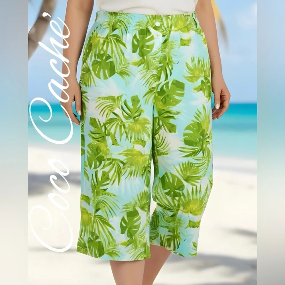 Paradise Palms Petite Casual Printed Linen Blend Beachwear Capri Pants - Picture 2 of 13